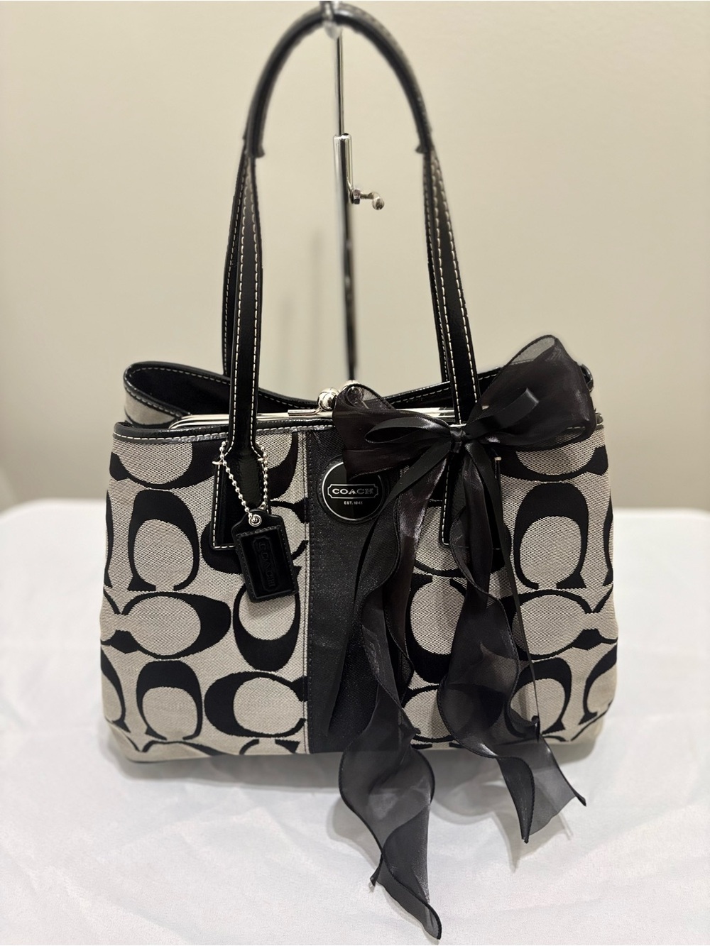 Coach Black & Cream Signature Ribbon Tote
